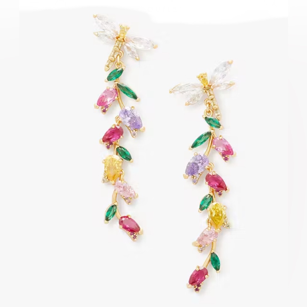 Kate Spade Greenhouse Floral Linear Earrings ~Rhinestone Dragonfly Flower Studs